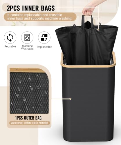 26 Gallon (100L) Recycling Bins for Kitchen with Bamboo lid, Black - color: Black
