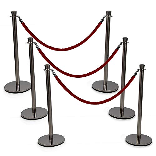 Vispronet Premium Rope Barrier– 39in Tall Stanchion Post with 4.9ft Retractable Red Belt – Includes (6) 3.25ft Tall Poles, (3) Velvet Ropes – 13.5in Diameter Base – Crowd Control Barricade for Events - color: Red, size: 6 Poles