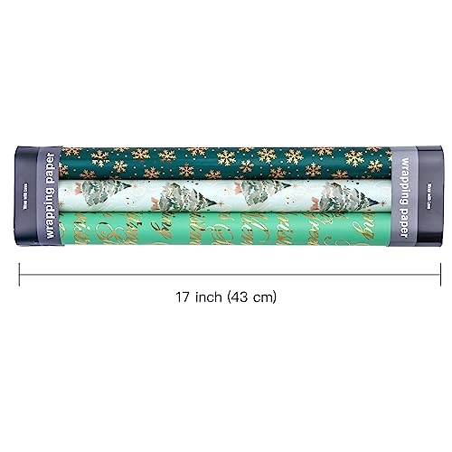 WRAPAHOLIC Christmas Wrapping Paper - 3 Rolls, 17 Inch X 120 Inch Each - Green Foil Christmas Tree, Snowflake Designs with Metallic Shine - Perfect for Christmas, Holiday - color: Christmas - Green Foil