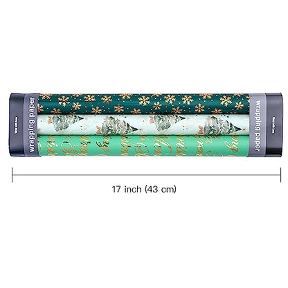 WRAPAHOLIC Christmas Wrapping Paper - 3 Rolls, 17 Inch X 120 Inch Each - Green Foil Christmas Tree, Snowflake Designs with Metallic Shine - Perfect for Christmas, Holiday - color: Christmas - Green Foil