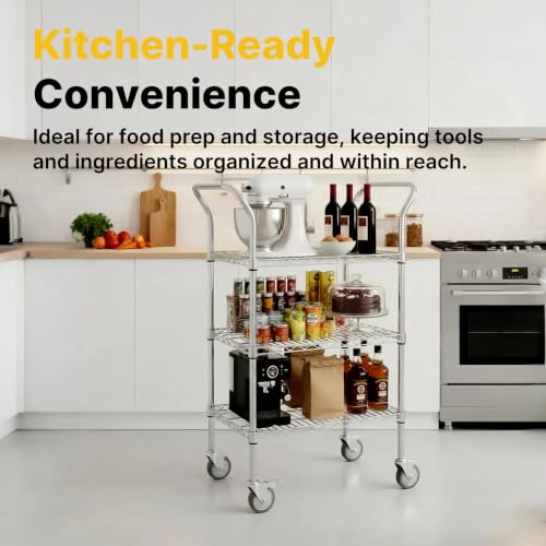 Northsky 3-Shelf Wire Utility Cart on Wheels, Chrome Finish Rolling Metal Shelving with Wheels, 550lb Capacity, 36" x 18" x 44.1", 3 Tier Rolling Cart for Kitchen Bar Storage Use - size: 36