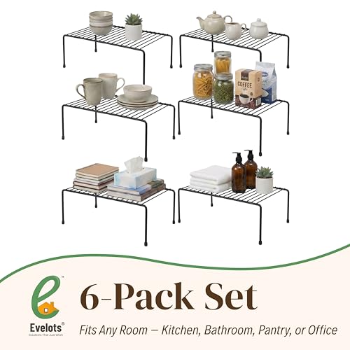 Evelots Wire Shelf Organizer Set Metal Cabinet Shelf Risers, 6-Pack, Black - color: Black - Regular, size: Set of 6