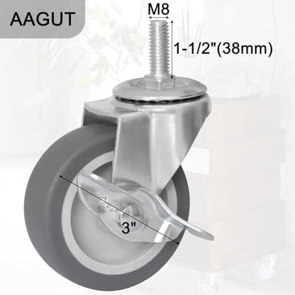 AAGUT 3 Inch Caster Wheels, M8 x 1.5" Threaded Stem Castors, 4 Packs - size: M8 x 38mm