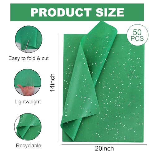 BEISHIDA 50 Sheets Dark Green Glitter Tissue Paper Bulk, Glitter Tissue Wrapping Paper for Gift Bags, 14 x 20 Inch Gift Wrap for Birthday Wedding Graduation DIY Crafts Holiday Flowers - color: green