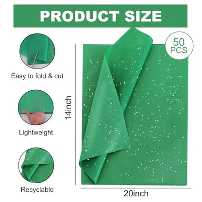 BEISHIDA 50 Sheets Dark Green Glitter Tissue Paper Bulk, Glitter Tissue Wrapping Paper for Gift Bags, 14 x 20 Inch Gift Wrap for Birthday Wedding Graduation DIY Crafts Holiday Flowers - color: green