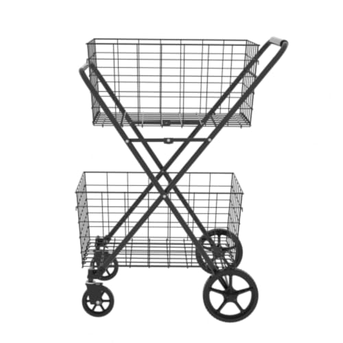 Extra Jumbo Foldable Shopping Cart with 2 Removable Baskets and Waterproof Liner, Heavy Duty Utility Grocery cart on Wheels, Rolling 2-Tier Laundry cart with 360° Swivel Front Wheels (2-Tire) (Black) - color: Black