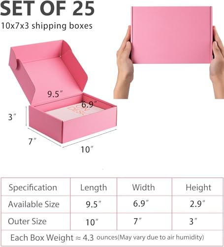 10x7x3 inch Pink Shipping Boxes for Small Business- Set of 25 - color: Pink, size: 10x7x3