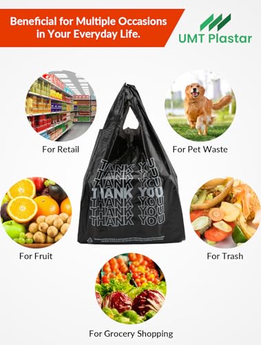 UMT Plastar 500 Count Thank You Bags, 12 x 6 x 22 in, Black Grocery Bags