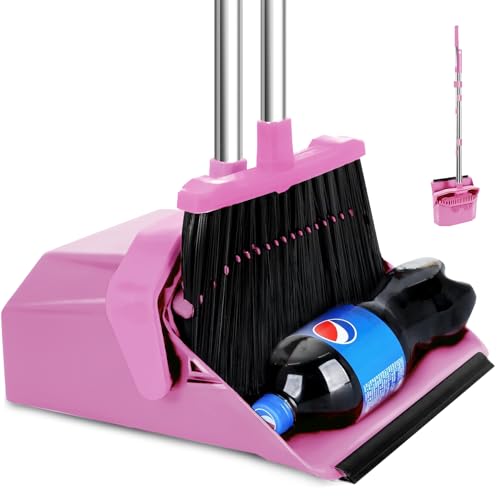 Tiumso Broom with Dustpan Combo Set, 51'' Broom and Dustpan Set, Brooms and Dust Pan with Handle, Brooms with Standing Dustpans, House Broom for Pets Hair and Floor Cleaning - Pink - color: Pink