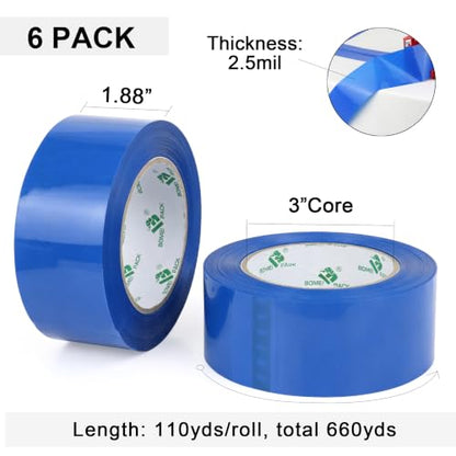 BOMEI PACK 6 Rolls 110 Yards Roll, Total 660 Yards Blue Packing Tape, Heavy Duty Shipping Tape for Packaging Moving Sealing, 2.52 mil Thick, 1.88 inches Wide - color: Blue