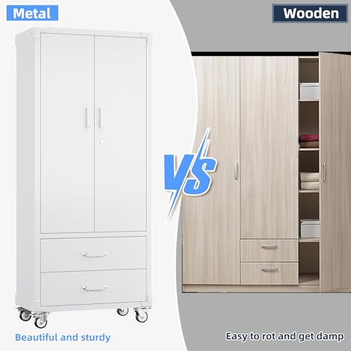 Metal Garage Storage Cabinet with Wheels, 2 Drawers and Pegboard, White - color: White, size: 15.2"D x 30"W x 71.2"H