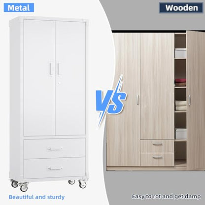 Metal Garage Storage Cabinet with Wheels, 2 Drawers and Pegboard, White - color: White, size: 15.2"D x 30"W x 71.2"H