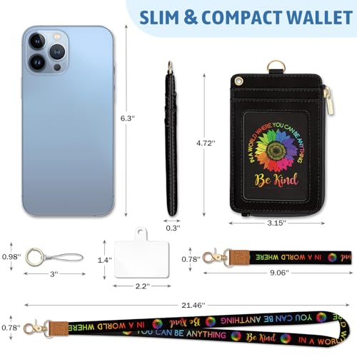 Be Kind Sunflower Lanyard Wallet with ID Badge Holder, Small RFID Keychain - color: Be Kind Sunflower