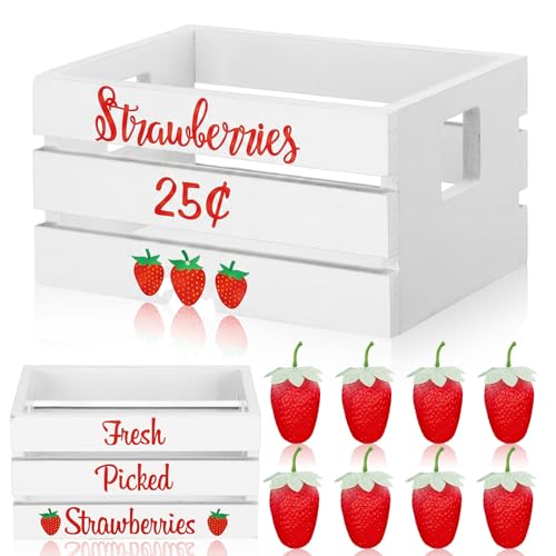 Maitys Mini Strawberry Table Decor, Wooden Crate with 8 Faux Strawberries