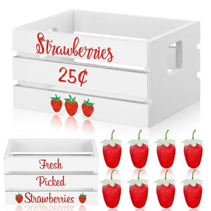 Maitys Mini Strawberry Table Decor, Wooden Crate with 8 Faux Strawberries
