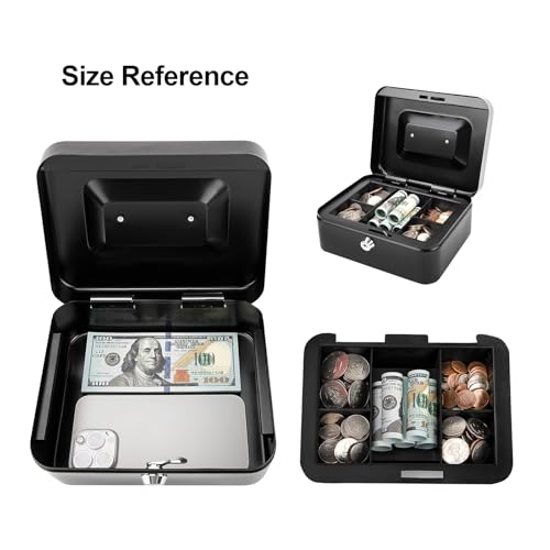 Jssmst Locking Medium Steel Cash Box with Money Tray,Lock Box,Black - color: Black, size: M(7.87")