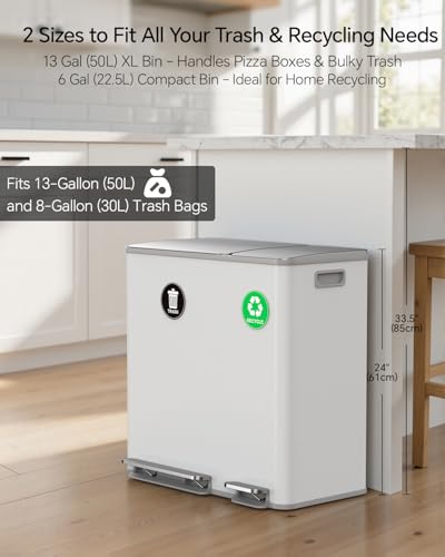 Lovewind Dual Trash and Recycling Bins for Kitchen, 13+6 Gallon Stainless Steel Garbage and Recycle Bin Combo for Large Families, Dual Trash Can with Soft Close Lid & Magnetic Stickers, White - color: White