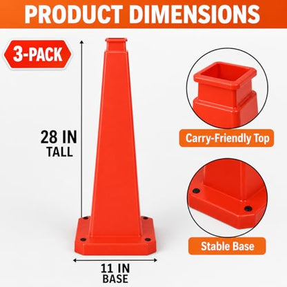 BESEA 3 Pack 28 Inch Red Traffic Cones with Weighted Base - color: Red, size: 28INCH