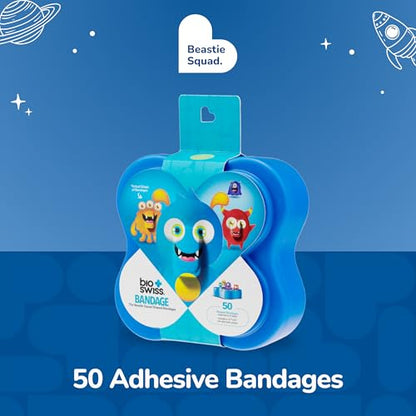 BioSwiss Bandages, Beastie Squad Shaped Self Adhesive Bandage Set, Latex Free, Sterile Wound Care, 50 Count - size: 50-Count Tin, style: Beasts