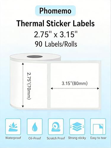 Phomemo M220 Thermal Labels 2.75''x3.15'' for M220/M221/M250/M260, 90 PCS - color: White, size: 2.75"x3.15"