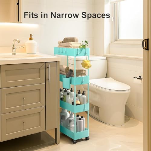 Pipishell 4 Tier Slim Storage Cart with Wheels, Laundry Cart, Turquoise - color: Turquoise, size: 4-Tier