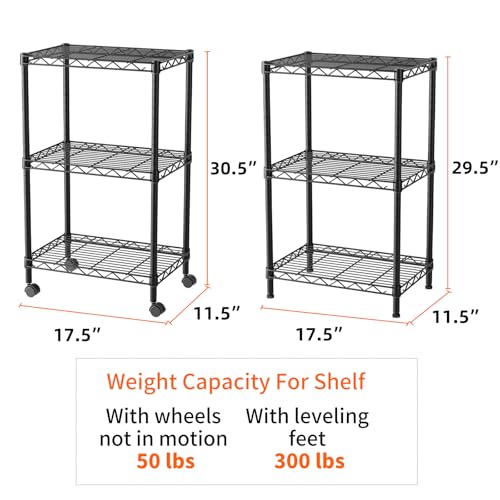 SINGAYE 3 Shelves Storage Shelf Wire Shelving Unit Metal Adjustable Wheels - color: Black, size: 3Tier/11.5"D X 17.5"W X 30.5"H