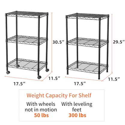 SINGAYE 3 Shelves Storage Shelf Wire Shelving Unit Metal Adjustable Wheels - color: Black, size: 3Tier/11.5"D X 17.5"W X 30.5"H