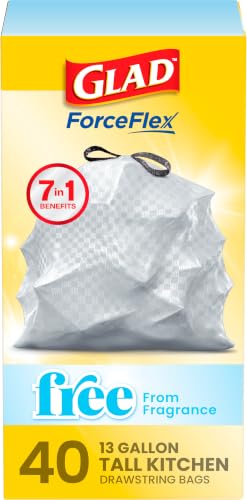 Glad ForceFlex Tall Kitchen Drawstring Trash Bags, 13 Gal, Fragrance Free, 40 Ct (Package May Vary) - size: 40 Count (Pack of 1)