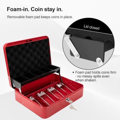 Jssmst Metal Cash Box with Money Tray and Lock, Portable Cash Drawer, 11.8" - color: Red Key