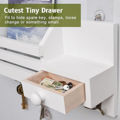 Key Holder Wall Mount, Wooden Key and Mail Organizer, White - color: White