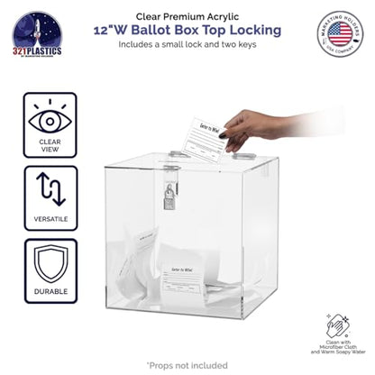 12 Inch Locking Ballot Box Clear Acrylic Square Cube Top Locking See Through Countertop Contests Entry or Collection Bin by Marketing Holders - size: 12"W x 12"H Clear No Header