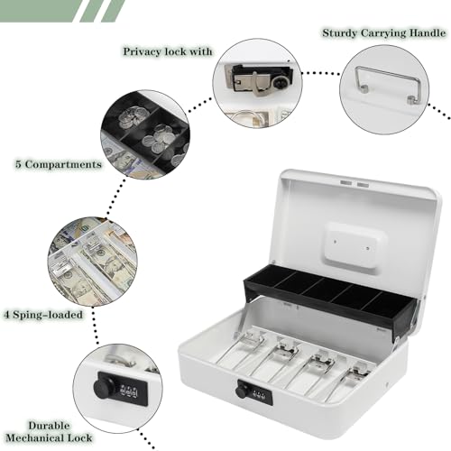Cash Box with Combination Lock, Metal Money Box with Money Tray, Petty Cash Lock Box for Garage Sale, Yard Sale, Small Business, 11.8" x 9.4" x 3.5" (White Combination)