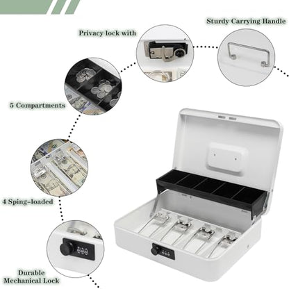 Cash Box with Combination Lock, Metal Money Box with Money Tray, Petty Cash Lock Box for Garage Sale, Yard Sale, Small Business, 11.8" x 9.4" x 3.5" (White Combination)