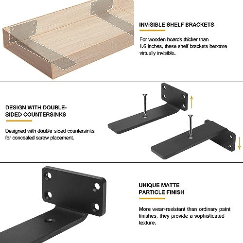 HITOMEN Heavy Duty Floating Shelf Brackets, 6-Inch (1/5'' Thick) Hidden Shelves Hardware, Cast Iron L Brackets, Rustic Industrial Black Metal Wall Shelving Supports, 6 Pack - size: 6 Inch, style: 6 Pack