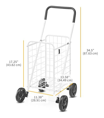 Whitmor Folding Utility Shopping Cart with Wheels, Heavy Duty Metal Grocery Cart, Portable Foam Handle, Rolling Collapsible Trolley for Groceries, Laundry, Storage, White - size: 19.5"L x 18.5"W x 34.5"H, White