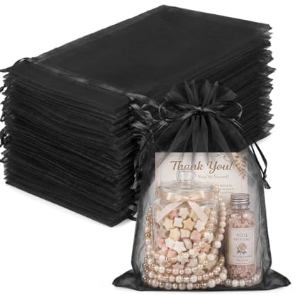 FUNFERY 100Pcs Black Organza Bags 5x7 in,Small Mesh Drawstring Gift Bag - color: Classic Black
