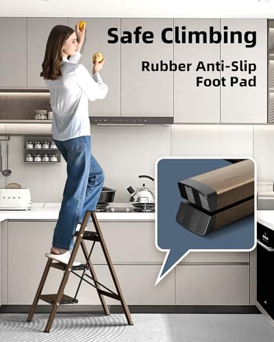 HillhutApex 3 Step Stool Foldable Ladder,Aluminum Step Ladder - color: Walnut