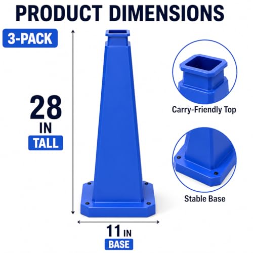 BESEA 3 Pack 28 Inch Blue Traffic Cones with Weighted Base - color: Blue, size: 28INCH