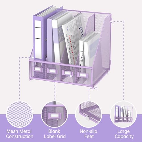 SUPEASY Magazine File Holder Desk Organizer, Metal Binder Holder with 4 Vertical Compartments for Office Home School, Purple - color: Purple