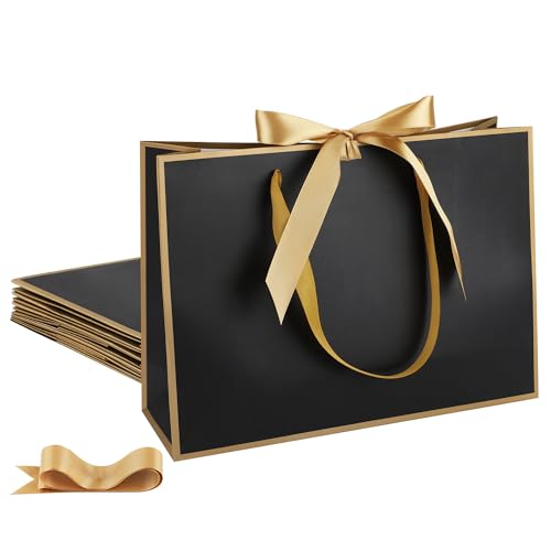 STOBOCTER 6 Pcs Elegant Paper Gift Bags with Handles 12.6''x4''x9.1'' Thank You 5 Senses Gift Bags with Bow Ribbon for Father's Day Wedding Bridesmaid Groomsmen Graduation Birthday Party(Black, Gold) - color: Black, Gold, size: 1 Count (Pack of 6)
