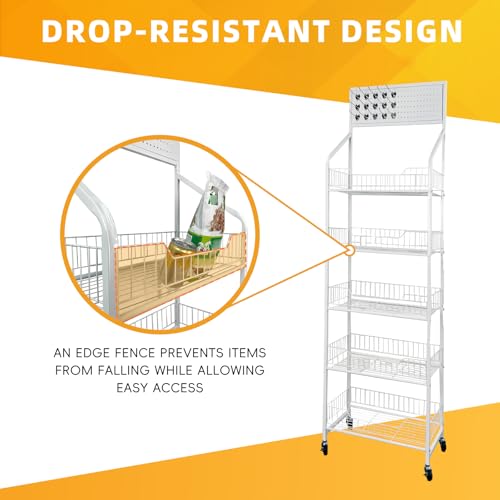 5 Tier Snack Rack Display Stand - Retail Display Shelves with Top Pegboard, 15 Hooks, Bakery Display Rack on Wheels for Easy Mobility and Organization (White) - color: White