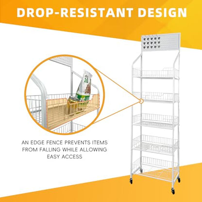 5 Tier Snack Rack Display Stand - Retail Display Shelves with Top Pegboard, 15 Hooks, Bakery Display Rack on Wheels for Easy Mobility and Organization (White) - color: White