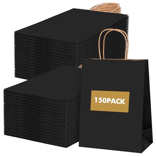 OUTUXED 150pcs Black Paper Bags with Handles, 8x4x10 Gift Bags with Handles - color: Black 8x4x10in, size: 1 Count (Pack of 150)