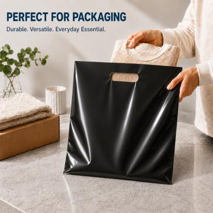 Purple Q Crafts 50 Pack Black Plastic Merchandise Bags with Die Cut Handles, 18" x 18" Retail Bags