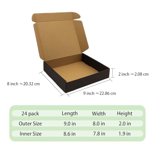 24 Pack 9x8x2 Inches Black Shipping Boxes, Corrugated Cardboard Mailer Box - size: 9''x8''x2''