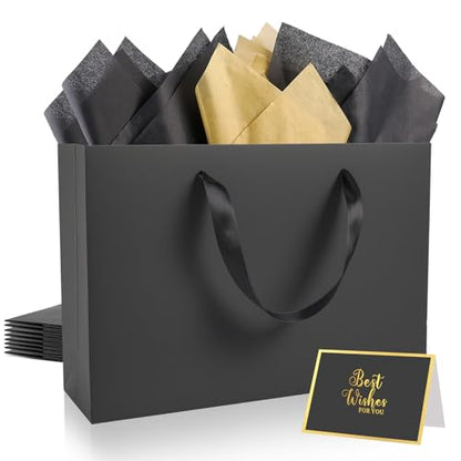 Epoesch 4 Pack Medium Black Gift Bags with Handles and 12 Tissue Papers - color: Black Gift Bags