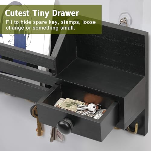 Key Holder Wall Mount, Wooden Key and Mail Organizer, Black - color: Black