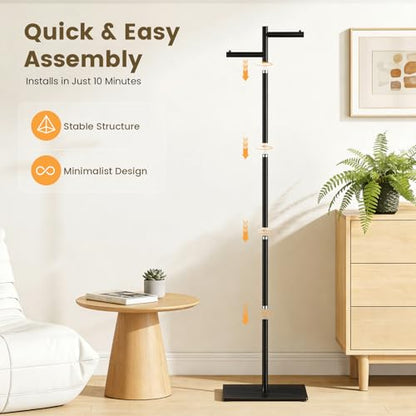 Metal Freestanding Coat Rack, 68.9"H Z-Shaped Coat Tree with Natural Rock Base, Modern Clothes Hanger Stand for Coats, Hats, Bags & Scarves, Ideal for Entryway, Bedroom, Office & Living Room - color: black