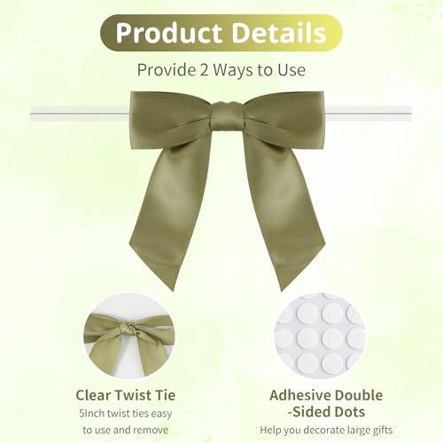 50pcs Sage Twist Tie Bows, 3.5'' Pre-Tied Satin Ribbon Mini Sage Bows for Gift Wrapping, Crafts, Wedding, Birthday, Party, Bridal Shower, Christmas - color: Sage