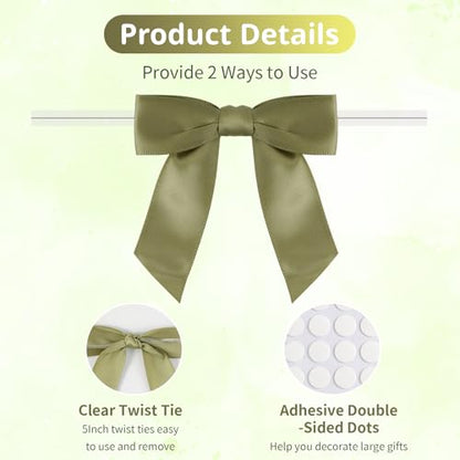 50pcs Sage Twist Tie Bows, 3.5'' Pre-Tied Satin Ribbon Mini Sage Bows for Gift Wrapping, Crafts, Wedding, Birthday, Party, Bridal Shower, Christmas - color: Sage